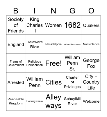 William Penn & Quakers Bingo Card