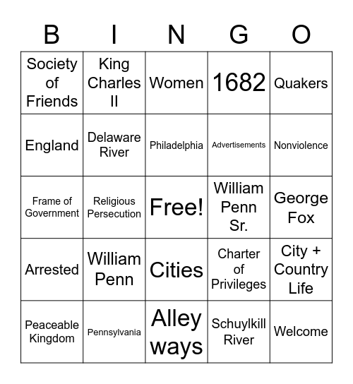 William Penn & Quakers Bingo Card