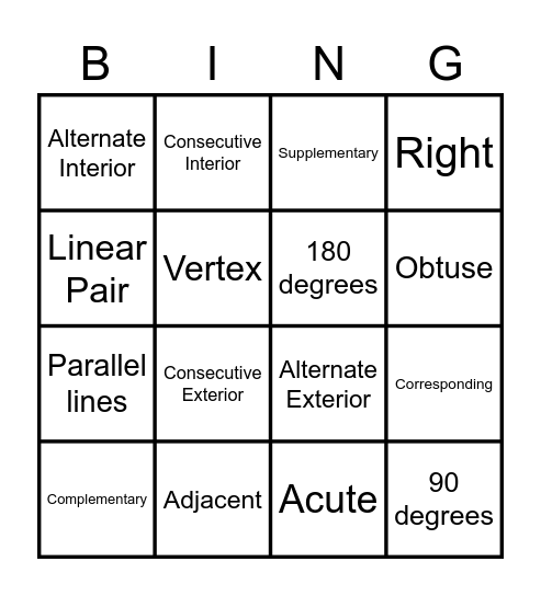 Angle Pair Relationships Bingo Card