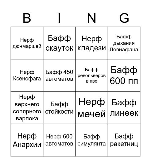 Банжи бейонд лайт бинго Bingo Card