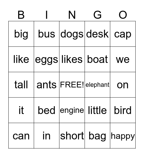 Minibook words Bingo Card