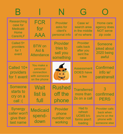 Halloween Elder Care Bingo! Bingo Card