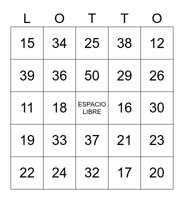 SPANISH NUMBERS Bingo Card