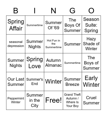 Songs With A Season Or Season In The Title Bingo Card