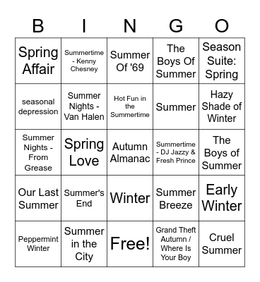 Songs With A Season Or Season In The Title Bingo Card