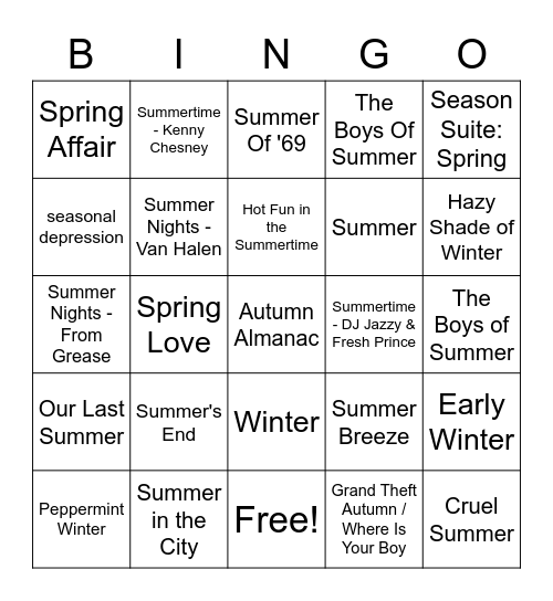Songs With A Season Or Season In The Title Bingo Card