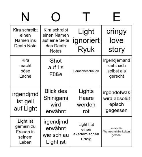 Death Note Bingo Card