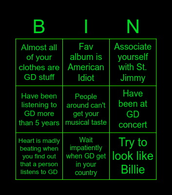 Green day Bingo Card