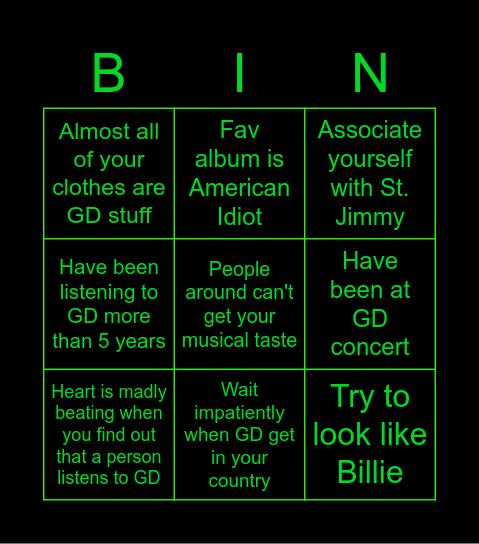 Green day Bingo Card