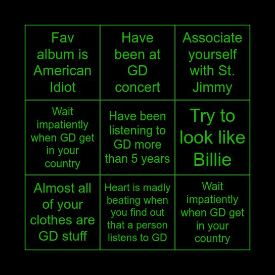 Green day Bingo Card