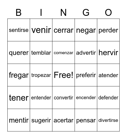 E-ie stem-changing verbs Bingo Card