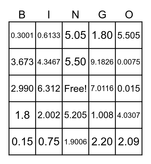 Decimal Bingo Card