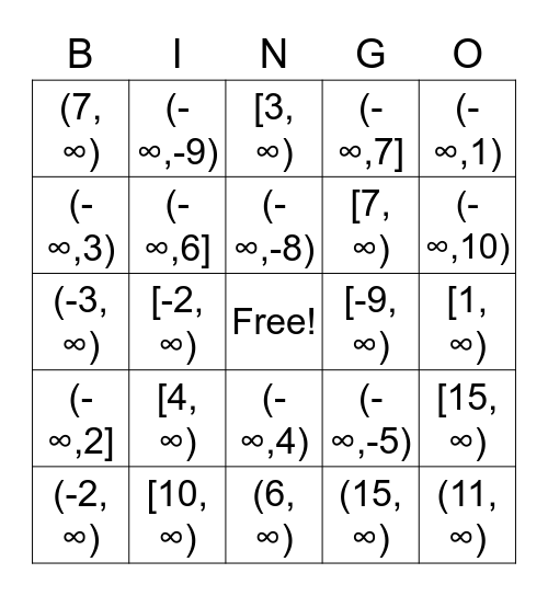 Interval Notation Bingo Card