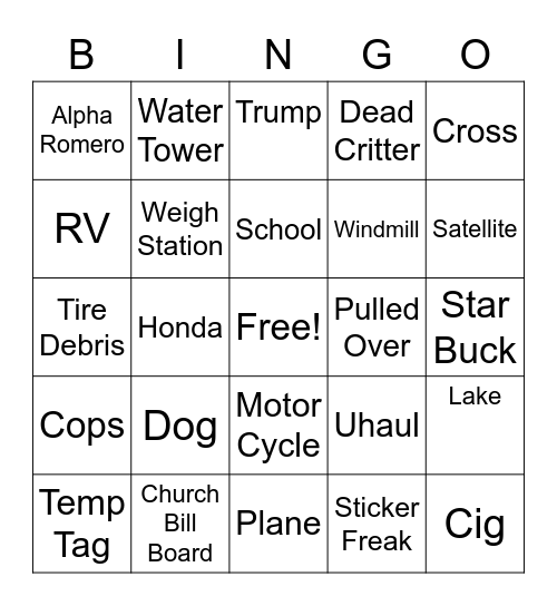 Road Trip Bingo Card