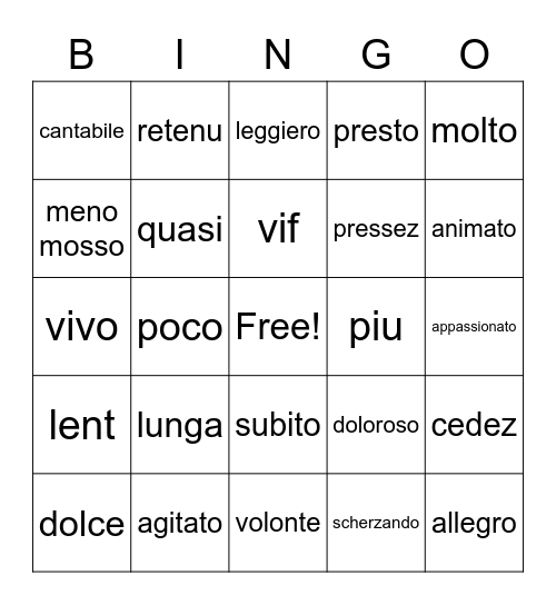 FRENCH FLUTE BINGO Card