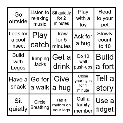 Calming Choices Bingo Card