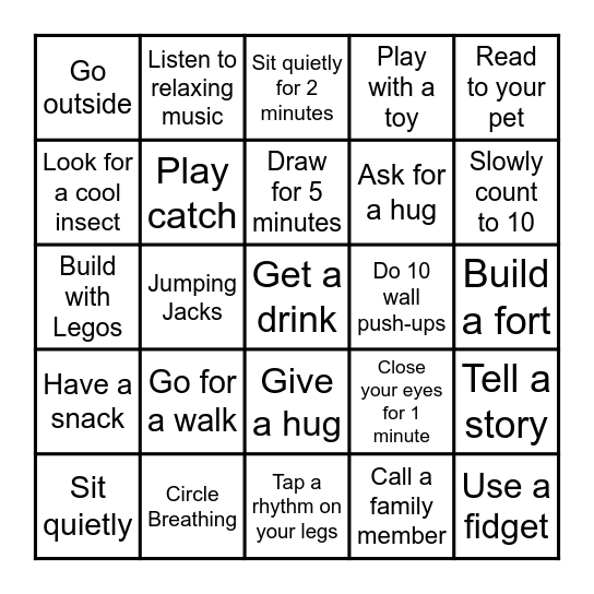 Calming Choices Bingo Card