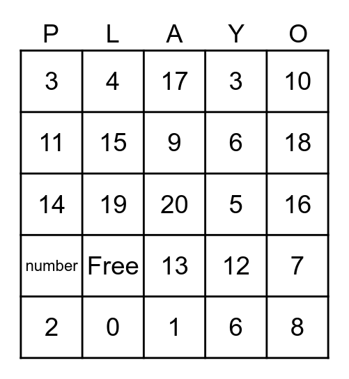 Numbers 1-20 Bingo Card