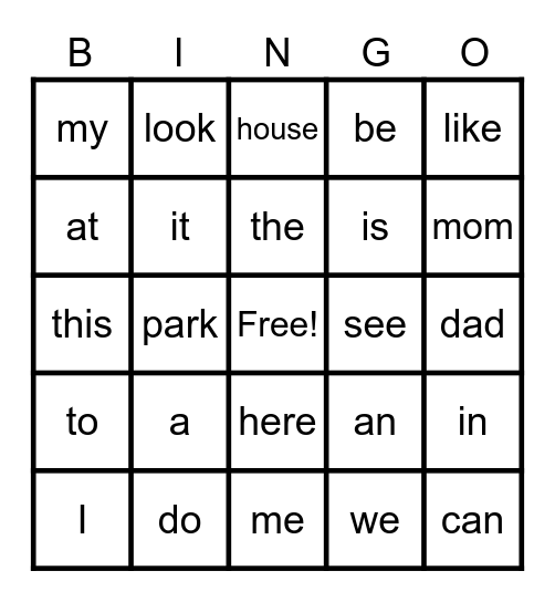 Sight Words Bingo Card