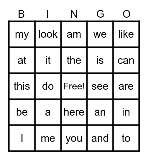 Sight Words Bingo Card