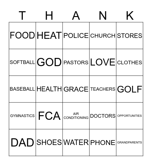 Be Thankful Bingo Card