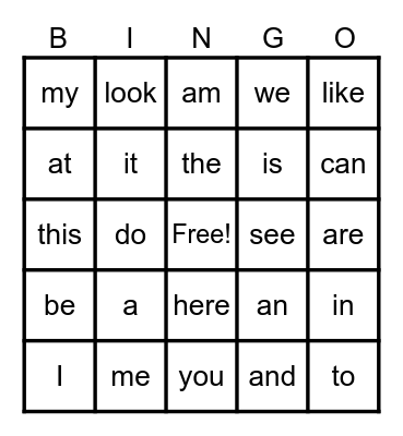 Sight Words Bingo Card