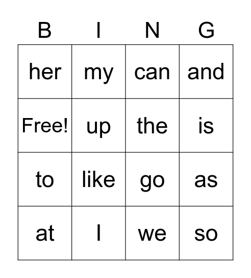 Sight Word List A Bingo Card