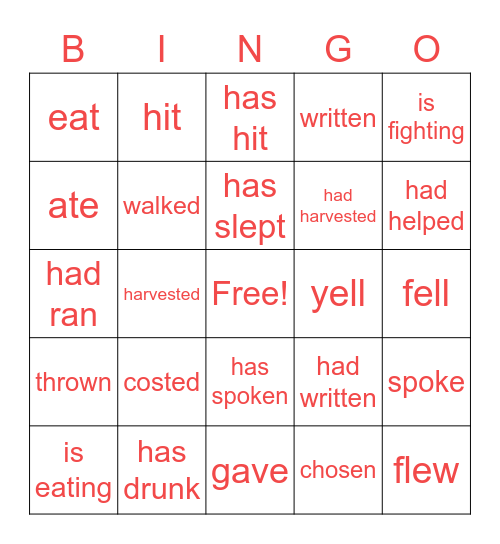 VERB/PART 1 REVIEW Bingo Card