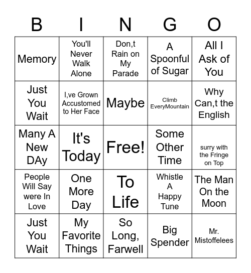 Musical Part Two Bingo Card