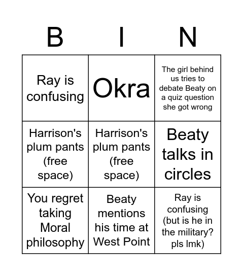 Moral Bingo Card