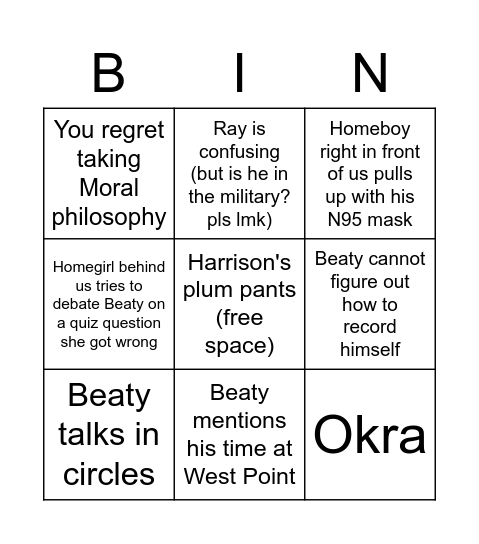 Moral Bingo Card