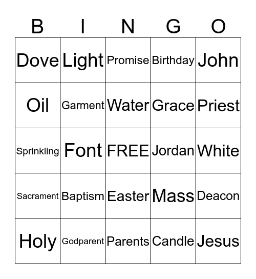 Baptism Bingo Card