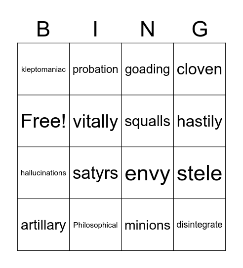 Percy Jackson Vocabulary Bingo Card