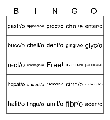 Digestive System Bingo Card