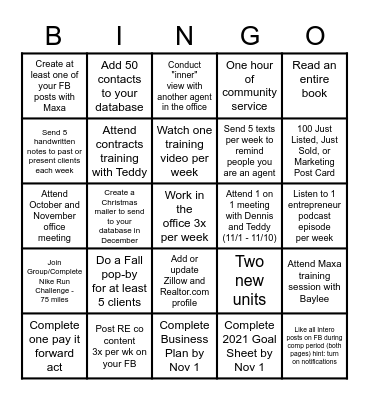 Intero Bingo Game October 15th - November 30th Bingo Card