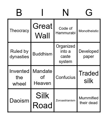 Click on the boxes that connect to the Zhou, Qin, and Han dynasties of China. Count the number of boxes you did NOT select, and type that number into the Clue Form. Bingo Card