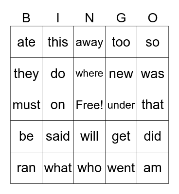 Sight Words Bingo Card
