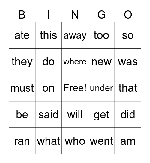 Sight Words Bingo Card