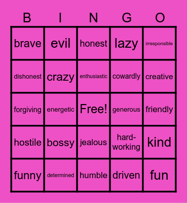 Character Trait Bingo Card