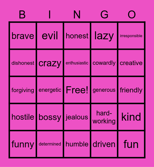 Character Trait Bingo Card
