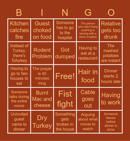 Thanksgiving Bust Bingo Card