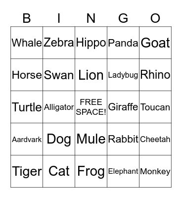 Animal Bingo Card