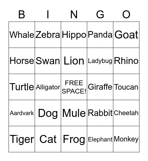 Animal Bingo Card