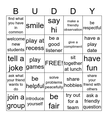 Be A Buddy Bingo Card