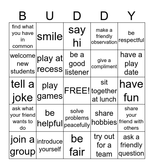 Be A Buddy Bingo Card