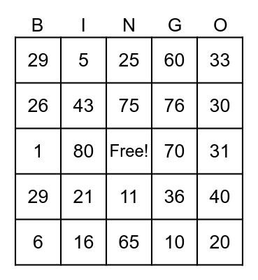 Numbers Bingo Card