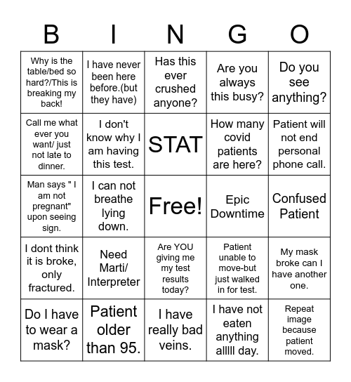 Things patients say or happened to me at work. Bingo Card