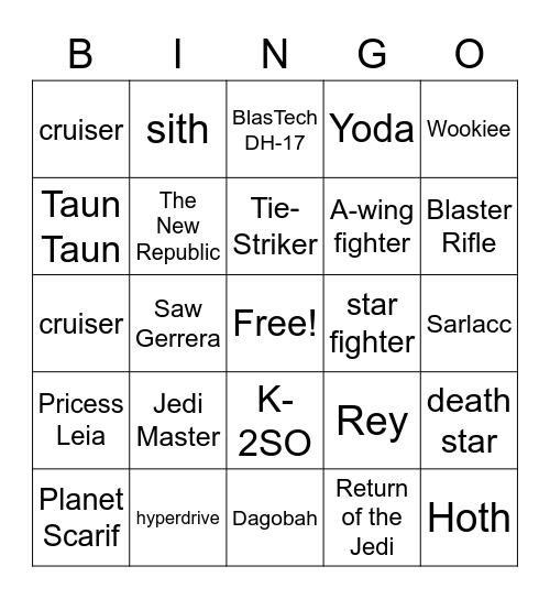 Star Wars Bingo Card