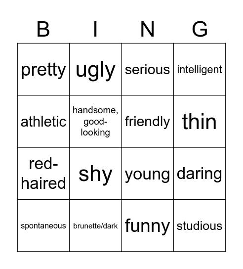Los adjetivos 2.0 Bingo Card