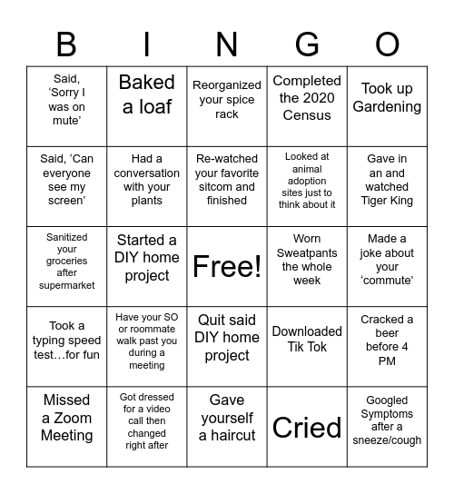 Quarantine Bingo Card